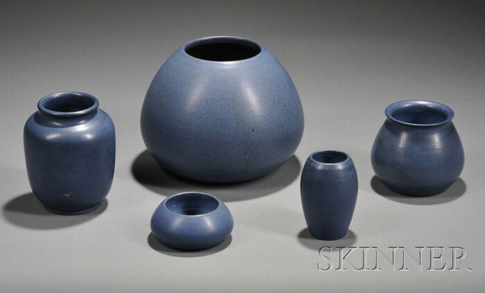 Five Marblehead Pottery Vases Glazed pottery Marble: Five Marblehead Pottery Vases Glazed pottery Marblehead, Massachusetts, early 20th century Matte speckled blue glazed vases, all with impressed ship cipher mark on base, one with small oval paper labe