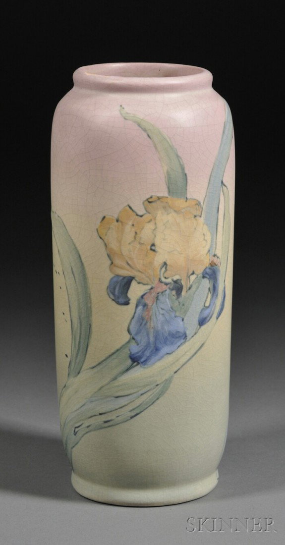 Weller Vase Decorated pottery Hester Pillsbury, Zan: Weller Vase Decorated pottery Hester Pillsbury, Zanesville, Ohio, late 19th century Tapered cylindrical form, matte glaze decorated with iris on a shaded pink and green ground, signed Pillsbury on bas