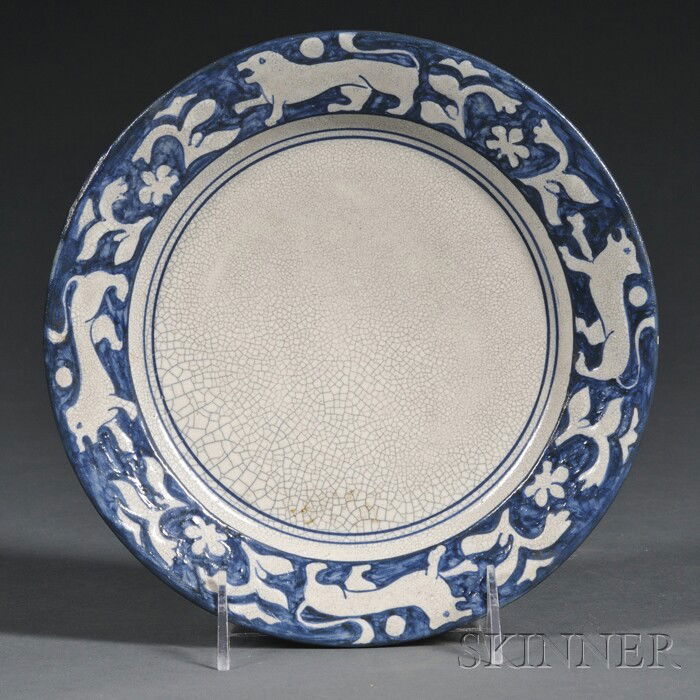 Dedham Pottery Tapestry Lion Glazed earthenware Ded: Dedham Pottery Tapestry Lion Glazed earthenware Dedham, Massachusetts, 1896-1929 Blue and white decoration with crackle glaze, blue stamp Dedham mark, dia. 8 1/4 in.