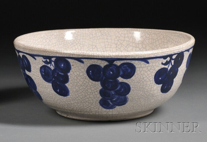 Dedham Pottery Grape Pattern Decorated Bowl Glazed: Dedham Pottery Grape Pattern Decorated Bowl Glazed earthenware Dedham, Massachusetts, 1929-43 Blue and white decoration with crackle glaze, with blue Dedham Pottery Registered mark, ht. 3 3/4, dia. 8