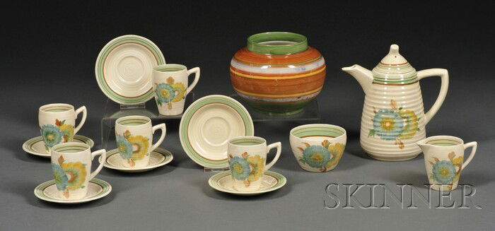 Fourteen Clarice Cliff Honey Dew Pattern Teaware I: Fourteen Clarice Cliff Honey Dew Pattern Teaware Items and a Striped Vase Art Deco pottery Staffordshire, England, after 1935 Decorated with central blue-green and yellow flowers with green and sepia