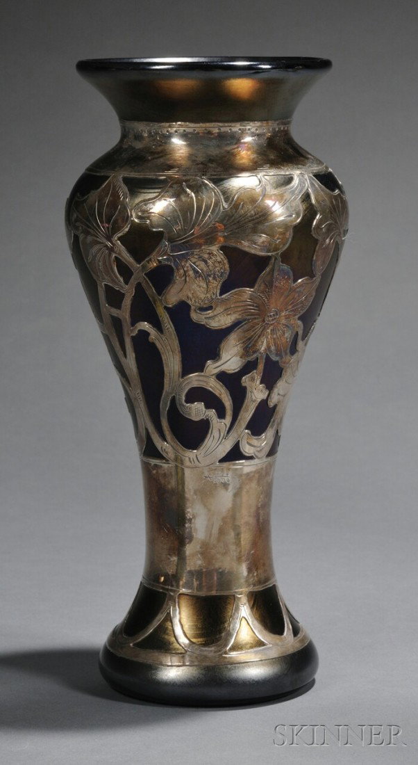 Art Nouveau Silver Overlay Glass Vase Czechoslovak: Art Nouveau Silver Overlay Glass Vase Czechoslovakia, 20th century Everted rim on bulbed shoulder tapering to circular base of lustrous deep amethyst glass overlaid with a wide band of silver sinuous