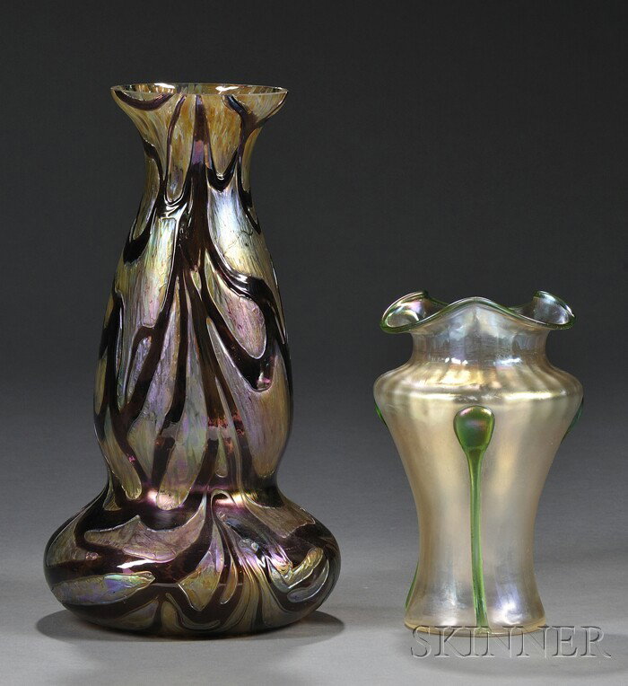 Two Wilhelm Kralik Attributed Art Nouveau Vases Ar: Two Wilhelm Kralik Attributed Art Nouveau Vases Art glass Austria, c. 1900 One with tooled trefoil rim, subtle ribbing from neck to bulbous shoulder tapering to flared base, in lightly iridized transl