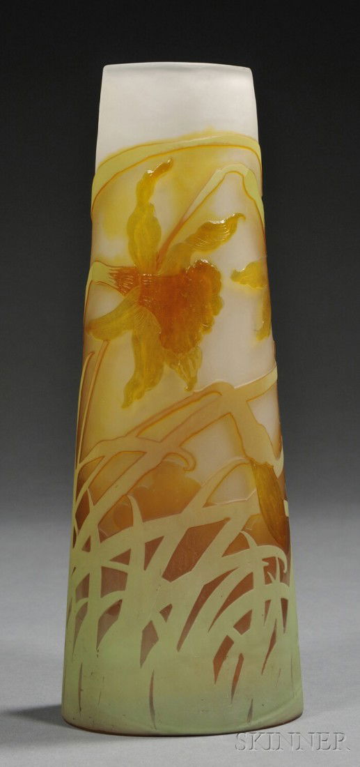 Galle Cameo Glass Daffodil Vase Art glass France,: Galle Cameo Glass Daffodil Vase Art glass France, 1875-1910 Oval rim on flaring cylindrical form overlaid and cameo-cut from green to gold to white etched ground decorated with daffodils, signed Galle
