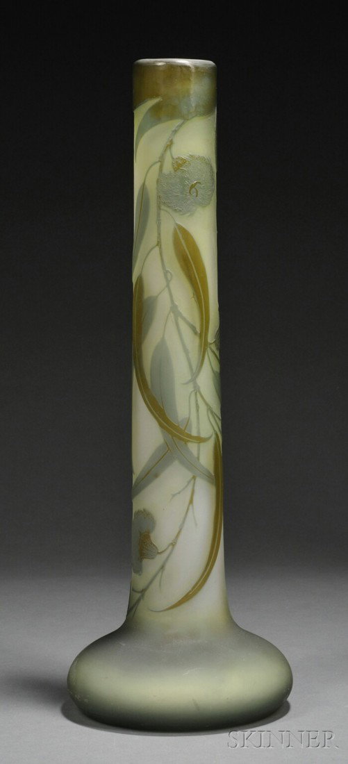Galle Tall Cameo Glass Vase Art glass France, earl: Galle Tall Cameo Glass Vase Art glass France, early 20th century Flower and elongated leaf decoration cameo etched in colors of brown and forest green to light green ground, cylindrical form with bulb