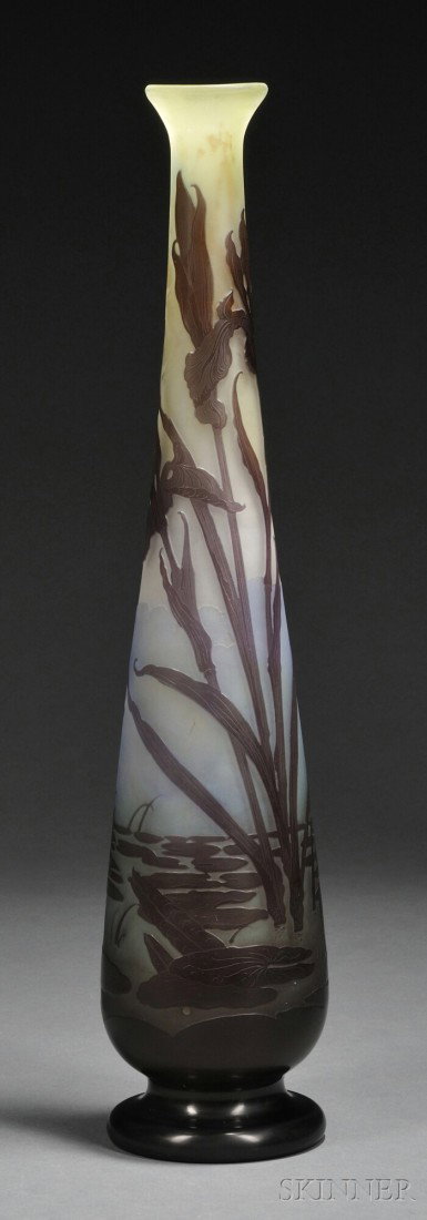 Galle Cameo Glass Iris Vase Art glass France, 20th: Galle Cameo Glass Iris Vase Art glass France, 20th century Flared rim on long body flaring at base decorated with a water scene in purple cameo with blue and green shading to white, signed Galle in th