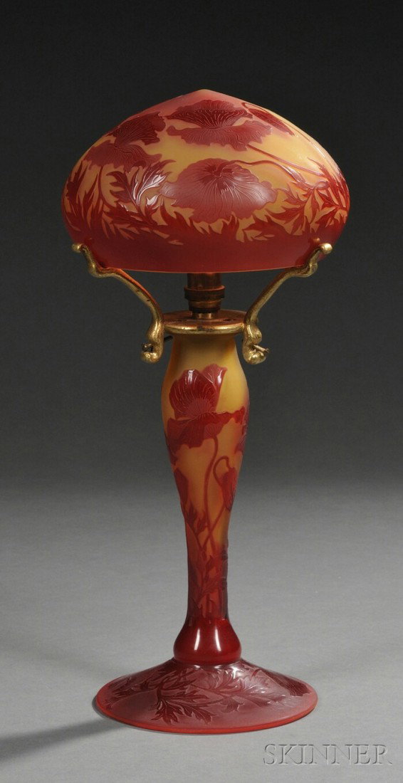 D' Argental Cameo Glass Lamp Cameo glass St. Loui: D' Argental Cameo Glass Lamp Cameo glass St. Louis, France, 1871-1918 Cameo etched Poppy decoration in red cut to amber ground on domed shade over dual socket lighting shade and the vasiform stem rais