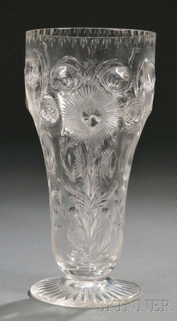Thomas Webb & Sons Crystal Vase Decorated crystal: Thomas Webb & Sons Crystal Vase Decorated crystal England, 1906-35 Wide mouth on tapering form cut, faceted, and raised floral decoration, base rim cut center with etched Webb mark, some base wear, ht