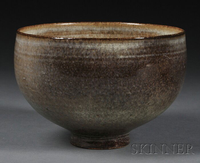 Edwin and Mary Scheier Pottery Bowl Decorated glaz: Edwin and Mary Scheier Pottery Bowl Decorated glazed earthenware New Hampshire, mid-20th century Deep round footed bowl with mottled shaded brown, tan, and cream matte glaze, inscribed Scheier on base