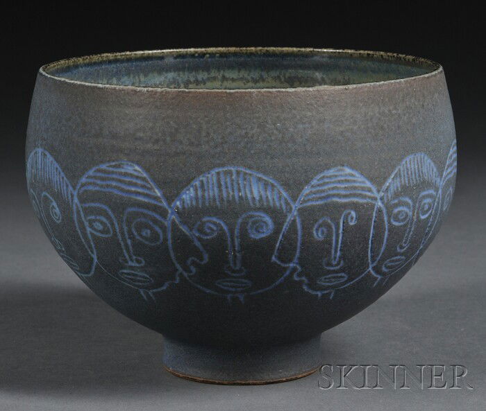 Edwin and Mary Scheier Pottery Bowl Decorated glaz: Edwin and Mary Scheier Pottery Bowl Decorated glazed earthenware New Hampshire, mid-20th century Deep round footed bowl with mottled brown-blue matte glaze ornamented with a band of sgraffito faces, i