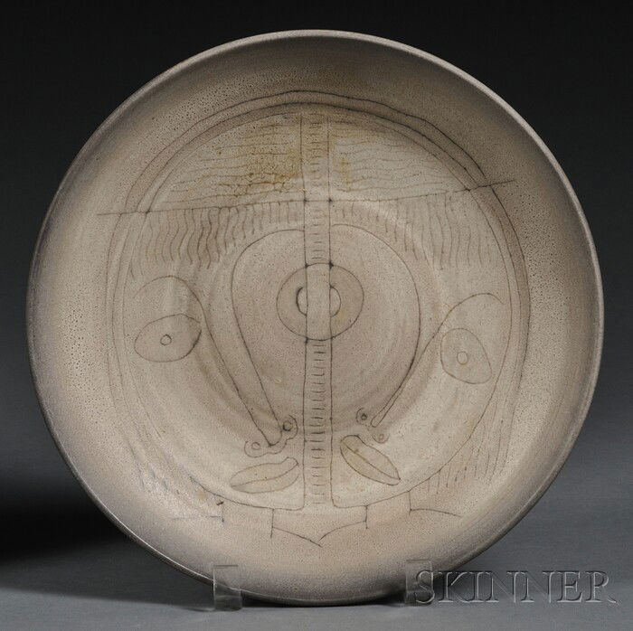 Edwin and Mary Scheier Pottery Bowl Decorated glaz: Edwin and Mary Scheier Pottery Bowl Decorated glazed earthenware New Hampshire, mid-20th century Shallow round bowl with speckled-taupe matte glaze with sgraffito face decoration, inscribed Scheier on