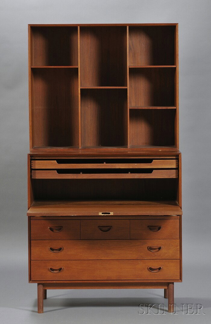 Peter Hvidt and O. Molgaard-Nielsen Secretary Teak: Peter Hvidt and O. Molgaard-Nielsen Secretary Teak Denmark, c. 1960 Bookcase with seven open compartments on rectangular top cabinet with drop down writing surface, the interior fitted with two slidin