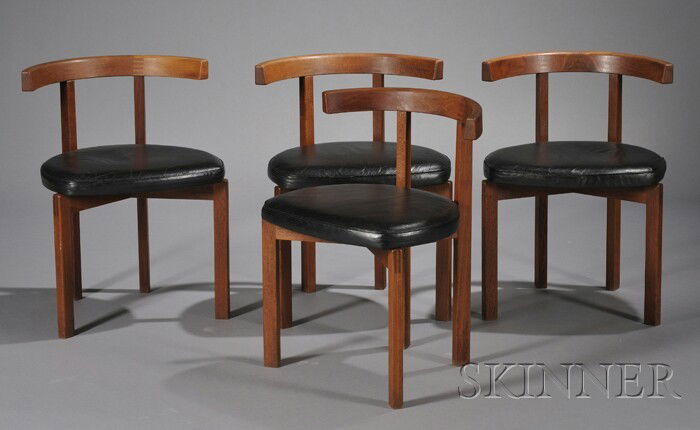 Four Peter Hvidt Armchairs Teak and leather Fabric: Four Peter Hvidt Armchairs Teak and leather Fabricated by France and Son, Denmark, retailed by John Stuart, mid-20th century Curved back with exposed finger joints, black leather seat, ht. 27 5/8 in.