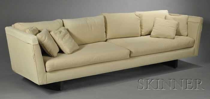 Sofa, Probably Edward Wormley for Dunbar Upholster: Sofa, Probably Edward Wormley for Dunbar Upholstery and wood United States, mid 20th century Canted sides, two long seat cushions accompanied by back cushions raised on two perpendicular bar form wood