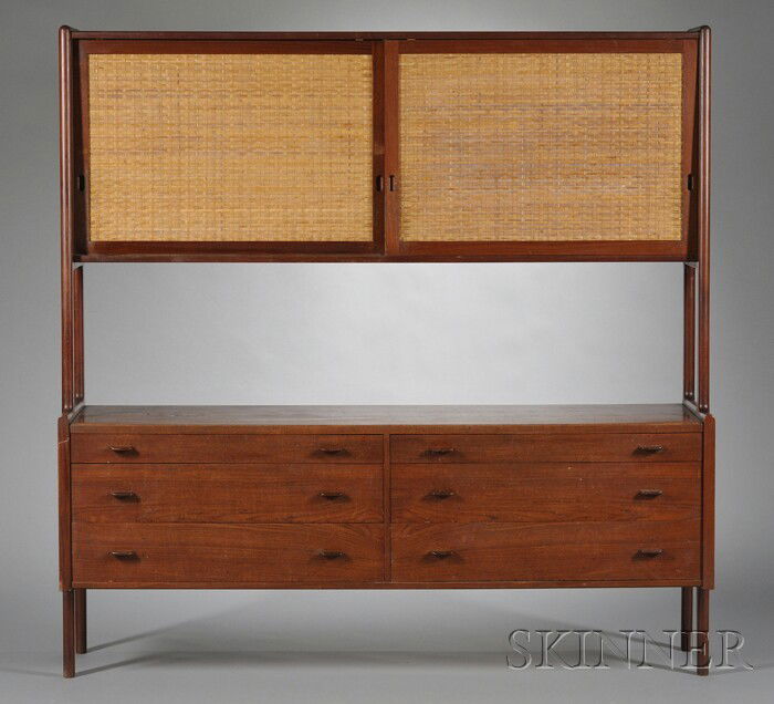 Hans Wegner Sideboard Teak and natural cane Rhy Mo: Hans Wegner Sideboard Teak and natural cane Rhy Mobler for Illums Bolighus, c. 1961 Upper cabinet with two sliding door with cane facing over two banks of three drawers raised on four legs attached to