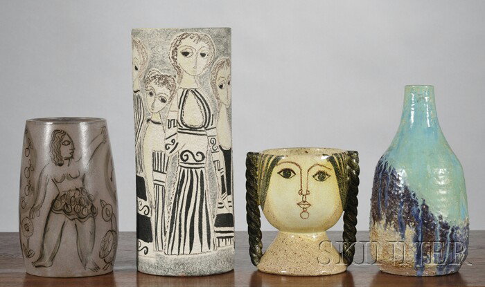 Four Mid-century Art Pottery Vases Glazed and deco: Four Mid-century Art Pottery Vases Glazed and decorated earthenware 20th century An oval vase with hand-painted Adam and Eve and the Tree of Knowledge and serpent decoration in black on a grayish purp
