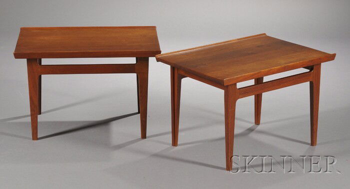 Two Low Tables Attributed to Finn Juhl Teak France: Two Low Tables Attributed to Finn Juhl Teak France and Daverkosen fabricator, retailed by John Stuart Rectangular top with edge lip raised on four legs with side stretchers, fd mark and retailer's met