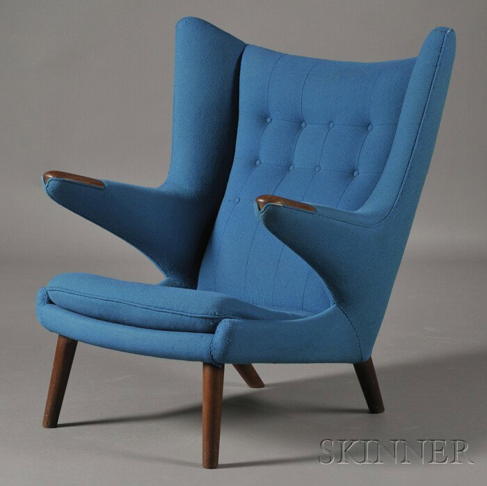 Hans Wegner Papa Bear Chair Wood and upholstery De: Hans Wegner Papa Bear Chair Wood and upholstery Denmark, 1960s Wing-back with tufted turquoise upholstery with wood hand rests raised on four cylindrical wood legs, original upholstery, ht. 38 1/2, wd