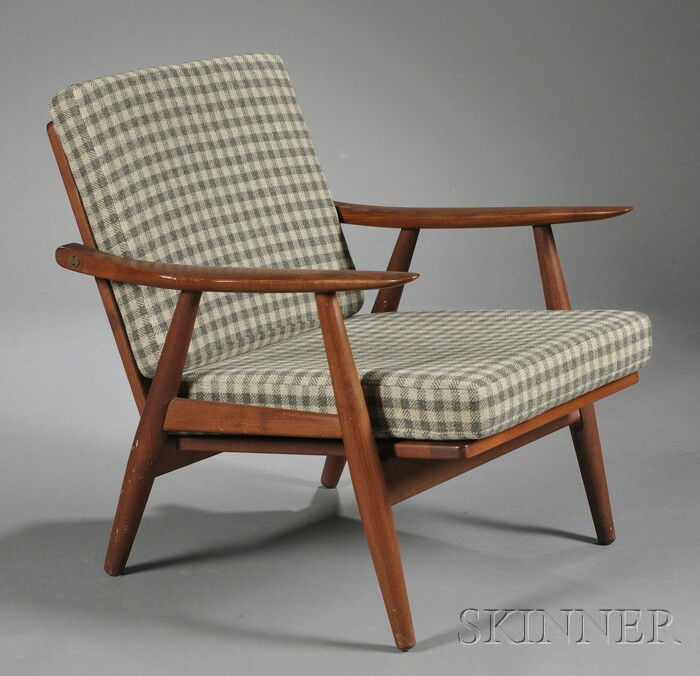 Hans Wegner Lounge Chair Teak and upholstery GE270: Hans Wegner Lounge Chair Teak and upholstery GE270, Getama Workshops, design date c. 1950, Denmark Checkered upholstered seat supported by webbing on teak framework, webbing break, approx ht. 28 1/2,