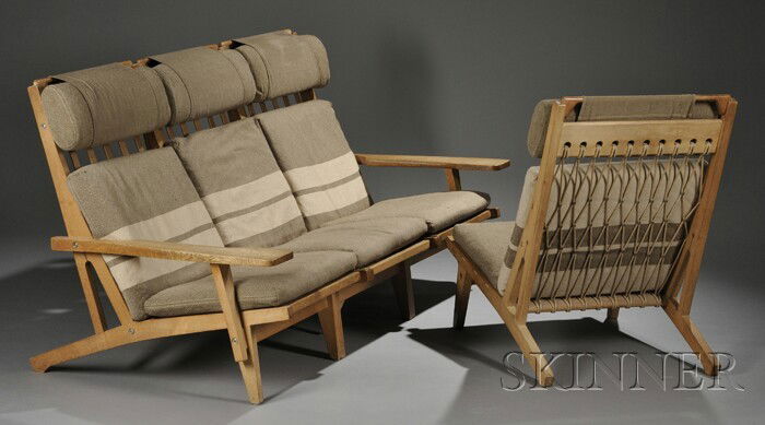 Hans Wegner Four-piece Lounge Set White oak, uphol: Hans Wegner Four-piece Lounge Set White oak, upholstery GE375 and GE376, Getama Workshops, Denmark, design date c. 1969 Each with high back, three with vertical slat back support, the fourth with rope