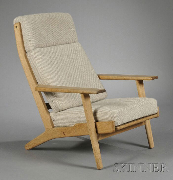 Hans Wegner High-back Easy Chair White oak GE290A: Hans Wegner High-back Easy Chair White oak GE290A Getama Workshops, Denmark Oatmeal upholstery on oak framework with wide, flat armrests, approx. ht. 37 1/4, wd. 29 1/4, dp. 29 1/4 in.
