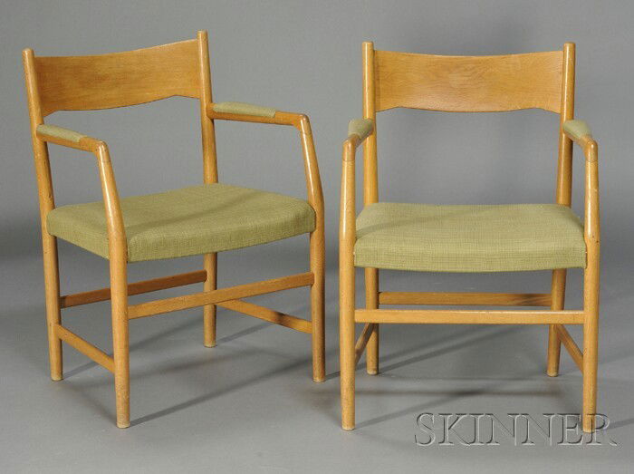 Early Hans Wegner Armchairs Oak and upholstery De: Early Hans Wegner Armchairs Oak and upholstery Denmark, design date c. 1939 Oak frame with upholstered armrests and seat in green woven cloth, ht. 34 1/8, wd. 23, dp. 18 in. Note: Hans Wegner worked f