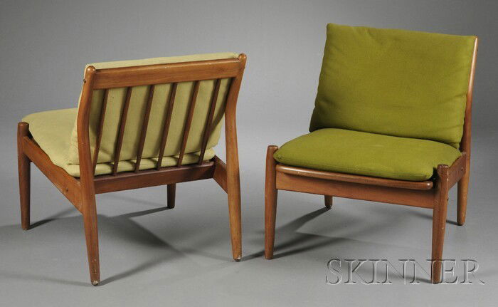 Pair of Danish Lounge Chairs Teak Manufactured by: Pair of Danish Lounge Chairs Teak Manufactured by Sibast Mobler, retailed by George Tanier Six tapered spindles form the backrest with loose green cushions, seat supported by webbing, webbing breaks,