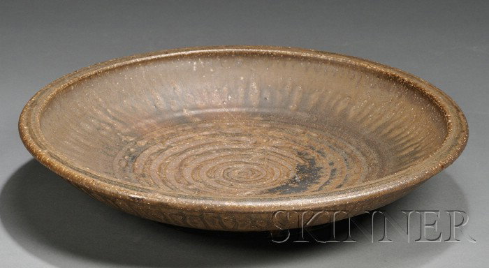 Three Studio Pottery Vessels Glazed stoneware Mid-: Three Studio Pottery Vessels Glazed stoneware Mid-20th century Robert Archambault squat cylindrical vessel with mottled brown drip glaze over matte gray, impressed maker's mark on base, ht. 7 1/4; sha