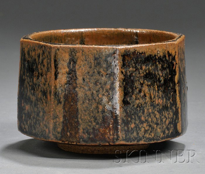 Studio Pottery Vessel Attributed to Robert Archamb: Studio Pottery Vessel Attributed to Robert Archambault Glazed stoneware Mid to late 20th century Small eight-panel vessel with drainage hole with mottled black and brown glossy glaze, impressed A make