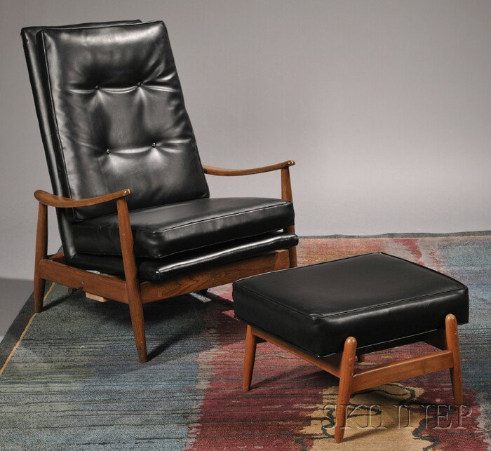 Lounge Chair and Ottoman Attributed to Milo Baughm: Lounge Chair and Ottoman Attributed to Milo Baughman Black leather and hardwoods United States, 1960s Tall back with cushion seat, adjustment hardware, accompanied by a rectangular ottoman raised on f