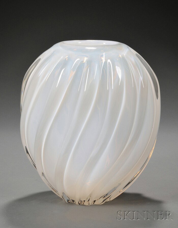 Large Studio Glass Vase Opalescent glass Probably: Large Studio Glass Vase Opalescent glass Probably Murano, Italy Ovoid form with spiral ribs of heavy white opalescent glass, polished pontil, ht. 12 in.