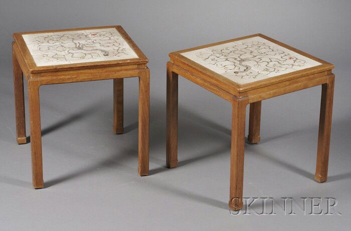 Pair of End Tables probably Ed Wormley and Marie L: Pair of End Tables probably Ed Wormley and Marie Linna Mahogany and tile Wormley for Dunbar and Marie Linna for Roco, United States and Czechoslovakia Square top with decorative tile inset of a gnarly