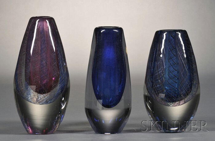 John Kuhn (American, b. 1949) Three Art Glass Vase: John Kuhn (American, b. 1949) Three Art Glass Vases Blown glass Winston-Salem, North Carolina, 1983 Oval heavy-walled glass vessels with interior ovals of colored glass and an ribbons of multicolored
