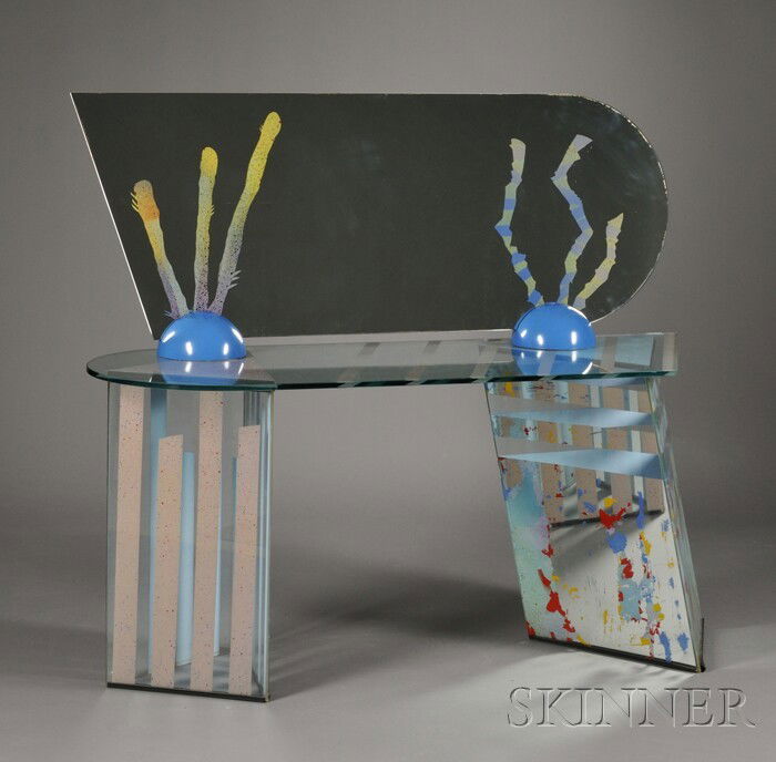 Carmen Spera Memphis Period Dressing Table Painted: Carmen Spera Memphis Period Dressing Table Painted glass c. 1980 Four-piece assembly, ht. 51 1/4, wd. 60 1/2, dp. 22 in.