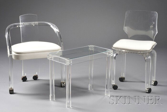 Modern Lucite Armchair, Side Chair, and Table Luci: Modern Lucite Armchair, Side Chair, and Table Lucite and upholstery Mid 20th century Continuous armchair and a side chair, both with white vinyl seats on casters; and a rectangular top low table, ht.
