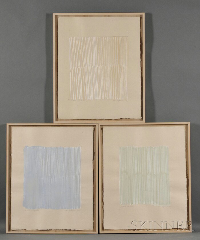 Jane Marie Logemann (American, b. 1942) Lot of Thr: Jane Marie Logemann (American, b. 1942) Lot of Three Works: 2 Fold-White/Green, 2 Fold-White-Tan, and 2 Fold-Grey/White Signed and dated "Jane Logemann 1989" l.r. Mixed medi