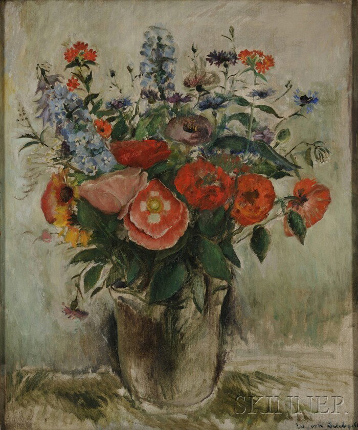 Gustav William Von Schlegell (American, 1884-1950): Gustav William Von Schlegell (American, 1884-1950) Floral Still Life Signed "W. Von Schlegell" l.r., identified on two labels, including one from the Bayer Gallery, New York, affixed to the re
