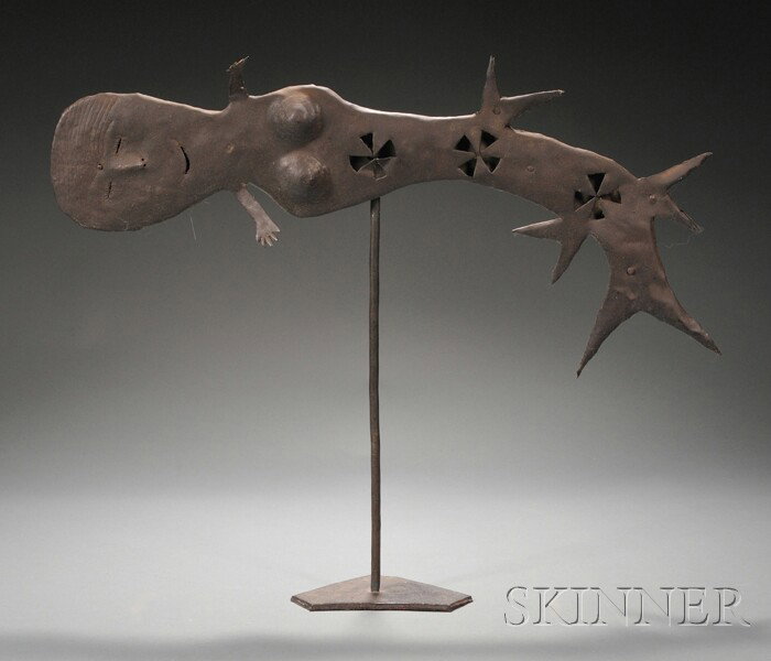 Mermaid Sculpture Haitian School Shaped, pierced,: Mermaid Sculpture Haitian School Shaped, pierced, and engraved sheet iron With stand, overall ht. 31 1/2 in.