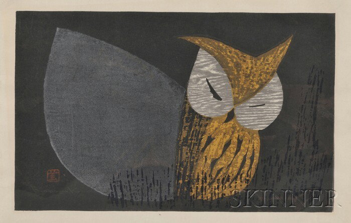 Kaoru Kawano (Japanese, 1916-1965) Owlet Signed an: Kaoru Kawano (Japanese, 1916-1965) Owlet Signed and sealed "...Kaoru Kawano" l.l. Woodblock print on paper, sheet size 11 1/8 x 16 1/2 in., unframed.