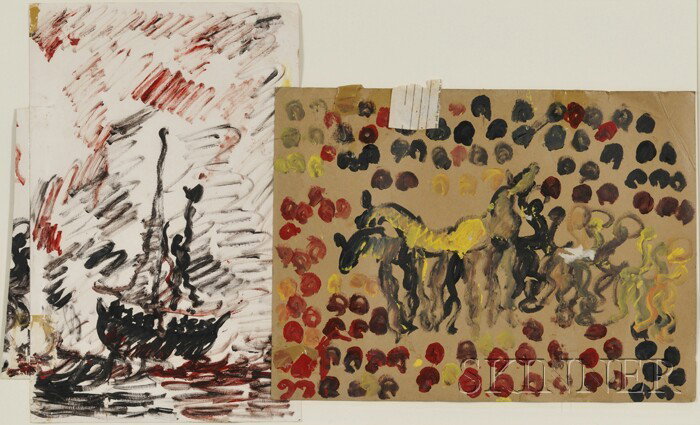 Purvis Young (American, 1943-2010) Untitled [Boat : Purvis Young (American, 1943-2010) Untitled [Boat and Horses] Unsigned, identified on a label from Janet Fleisher Gallery, Philadelphia, affixed to the backing. Mixed media on paper, 17 1/4 x 28 3/4 i