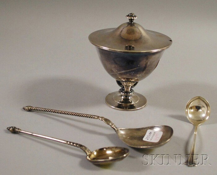 Three Scandinavian Silver and Silver-plated Items, : Three Scandinavian Silver and Silver-plated Items, two 19th century Danish silver spoons and a Swedish silver-plated covered serving bowl, together with a small Rogers Bros. silver-plated ladle.