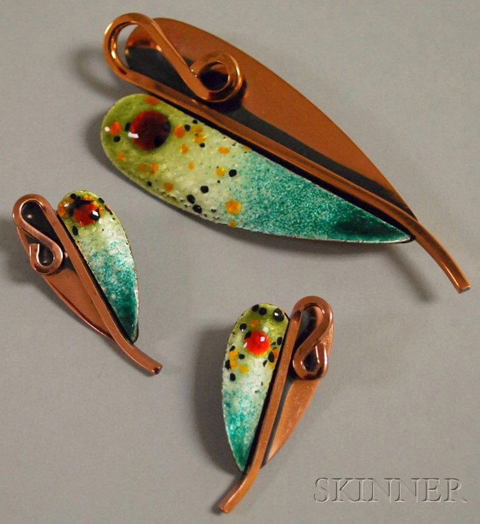Vintage Matisse Renoir Copper and Enamel Brooch an: Vintage Matisse Renoir Copper and Enamel Brooch and Earclips, brooch wd. 3 1/4 in.