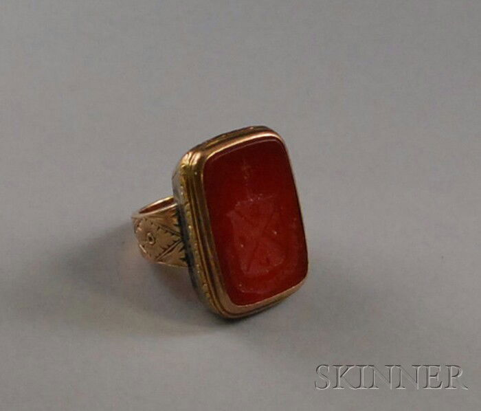 Antique 14kt Gold, Silver, and Carnelian Intaglio: Antique 14kt Gold, Silver, and Carnelian Intaglio Gentleman's Ring, total 10.0 dwt, size 9 1/2.