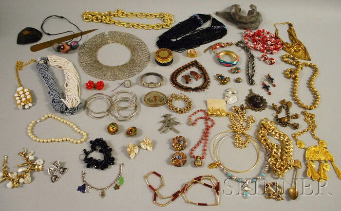 Large Group of Sterling Silver, Antique, and Costu: Large Group of Sterling Silver, Antique, and Costume Jewelry, including a Vendome red bead suite, a Coro seashell and fish necklace, several Kenneth Jay Lane pieces, a Marvella pearl toursade necklace