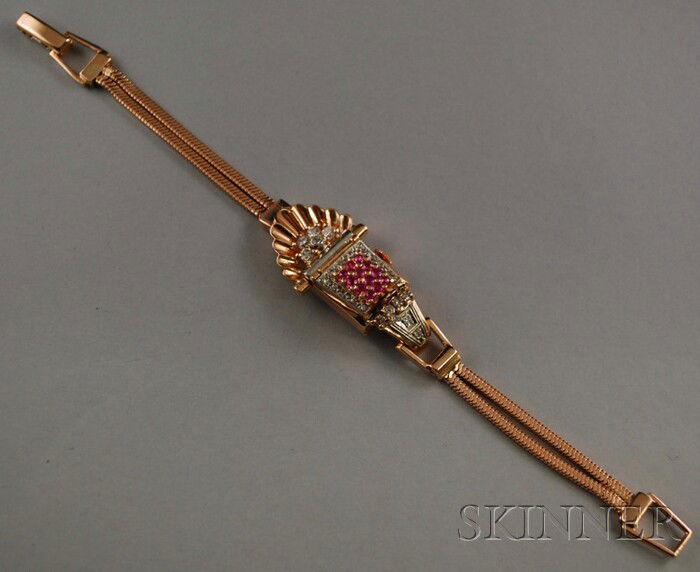 Retro 14kt Rose Gold, Ruby, and Diamond Covered La: Retro 14kt Rose Gold, Ruby, and Diamond Covered Lady's Bulova Wristwatch, 17-jewel movement, total 18.8 dwt not including movement, lg. 7 in.