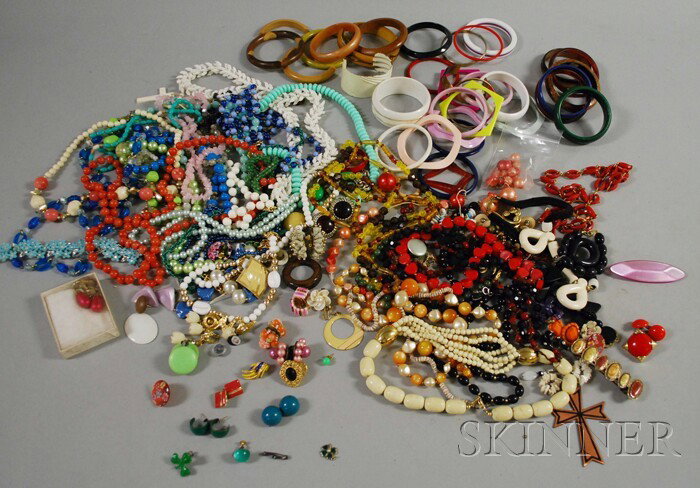 Group of Mostly Wood and Plastic Costume Jewelry, : Group of Mostly Wood and Plastic Costume Jewelry, including beaded necklaces, bangle bracelets, and other items.