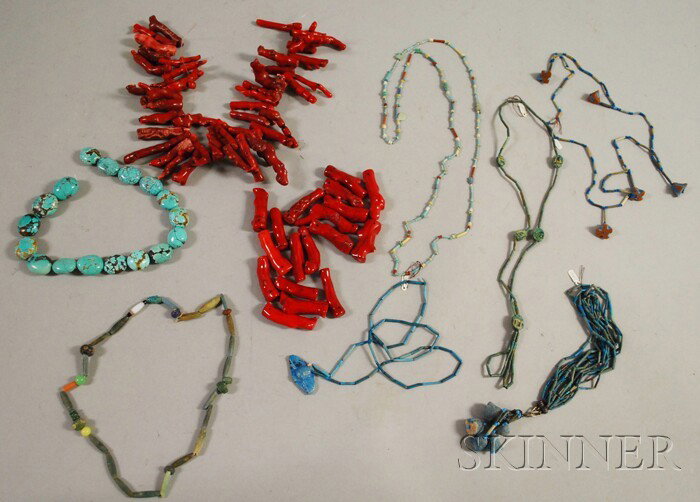 Two Large Coral and Turquoise Necklaces, together: Two Large Coral and Turquoise Necklaces, together with a group of ancient Egyptian bead necklaces, (branch coral needs restringing).