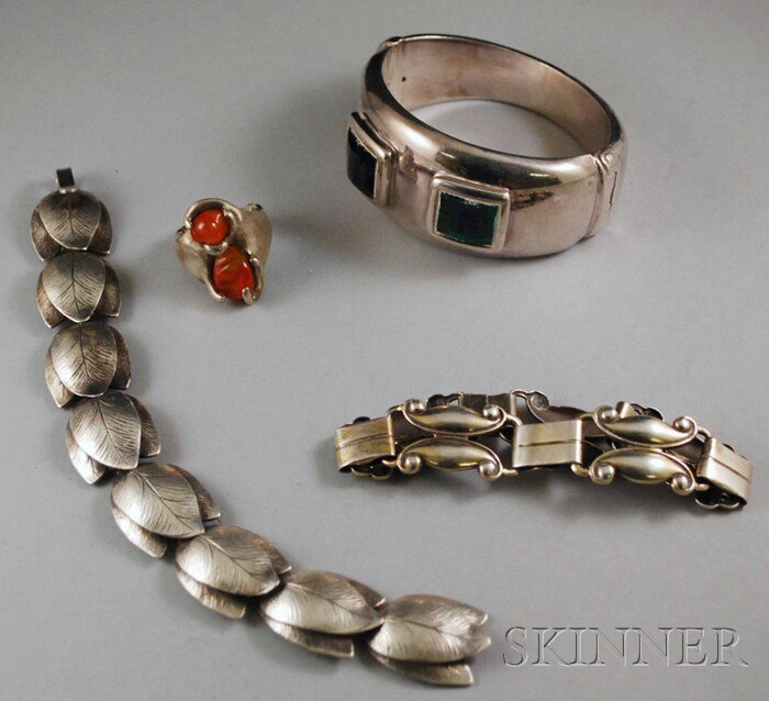 Four Sterling Silver Jewelry Items, a C. Ruopoli l: Four Sterling Silver Jewelry Items, a C. Ruopoli leaf bracelet, a Danecraft bracelet, a glass-set bangle, and a Mexican fire opal ring.
