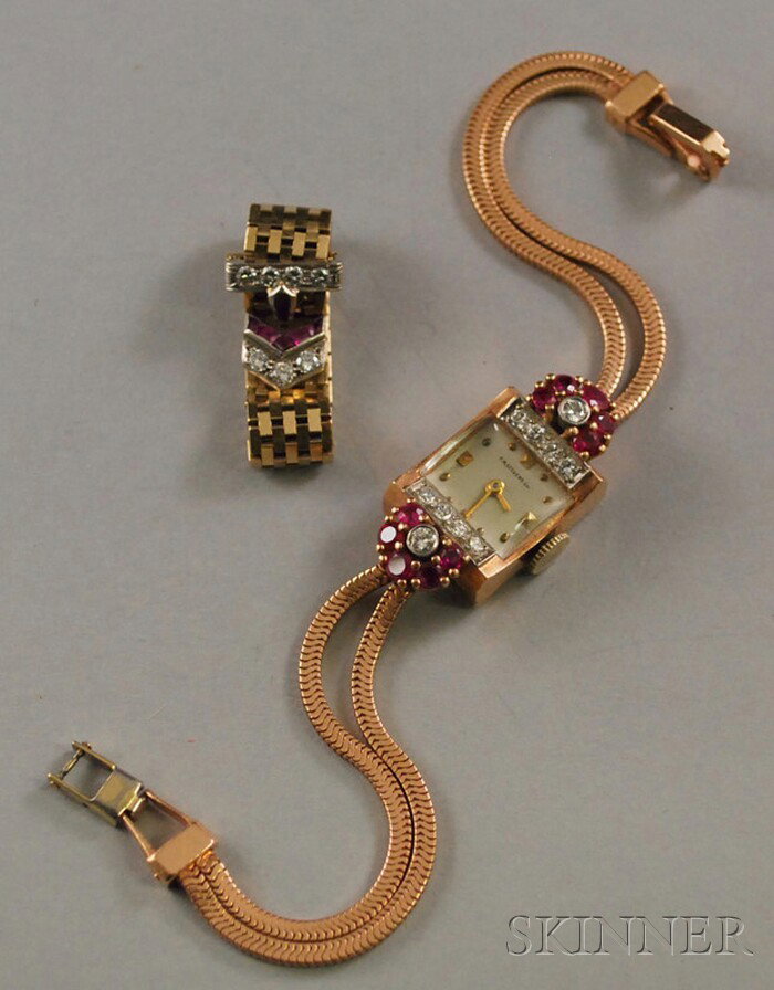 Retro 14kt Gold, Diamond, and Ruby Wristwatch and : Retro 14kt Gold, Diamond, and Ruby Wristwatch and Ring, the yellow gold ring designed as a buckle with flexible mesh band, the rose gold watch with 17-jewel movement, total 14.5 dwt not including watc
