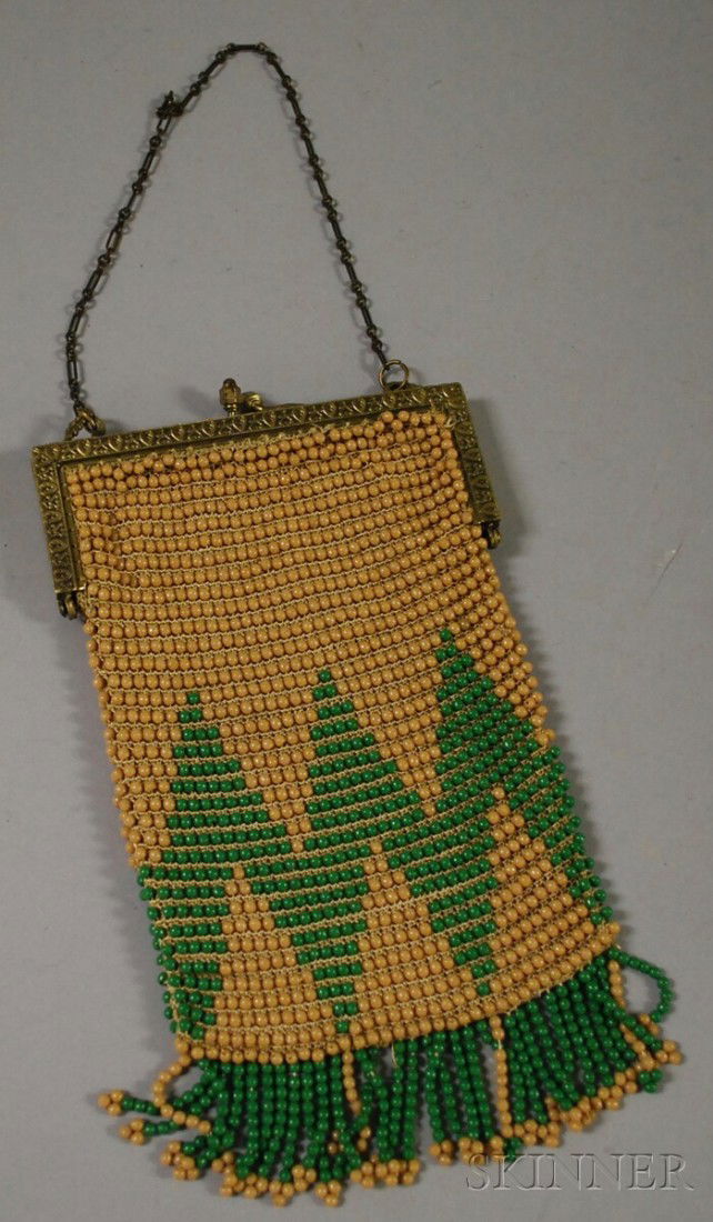 Vintage Taupe and Green Beaded Purse, with gold-to: Vintage Taupe and Green Beaded Purse, with gold-tone metal frame and gold silk lining, ht. 7 1/2 in. not including tassels, wd. 5 in.